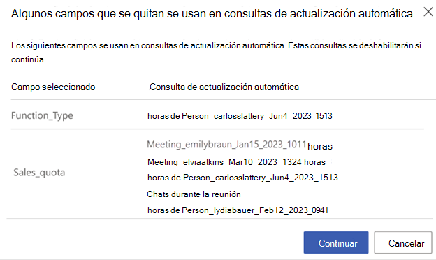 Captura de pantalla de un error para eliminar los campos usados en una consulta de actualización automática. Contiene una tabla con las columnas de consulta Campo seleccionado y Actualización automática.