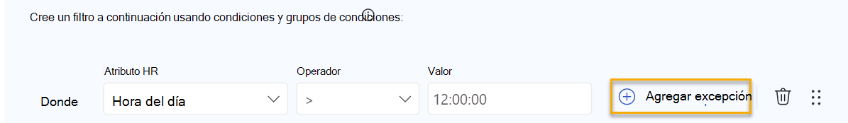 Captura de pantalla que muestra un filtro con el vínculo Agregar excepción resaltado.