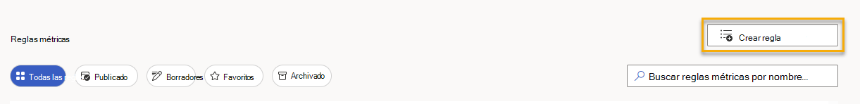 Captura de pantalla que muestra el botón Crear nueva regla resaltado en la página Reglas de métricas.