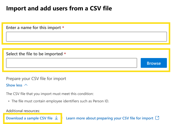 Captura de pantalla que muestra cómo importar nuevos usuarios desde un archivo csv.