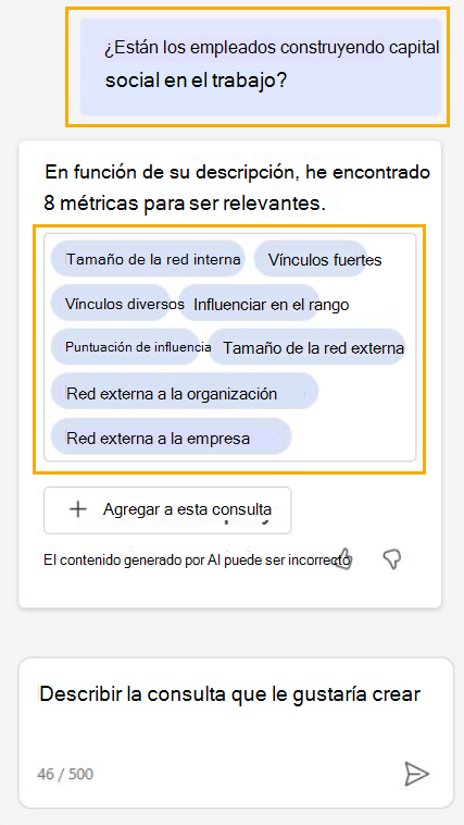 Captura de pantalla que muestra las métricas recomendadas de Copilot para configurar la consulta