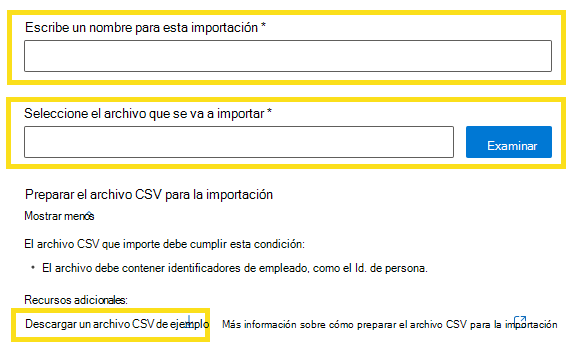 Captura de pantalla que muestra cómo cargar un archivo CSV para la lista de exclusión.