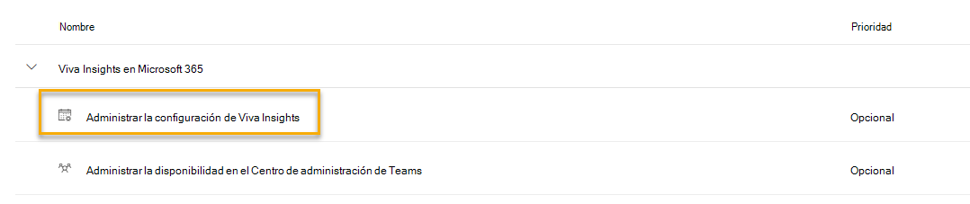Captura de pantalla que muestra Administrar la configuración de Viva Insights en la página de administrador de Viva Insights.