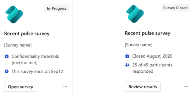 Captura de pantalla que muestra los estados In-Progress y Survey Closed de la tarjeta de acción Pulso reciente.