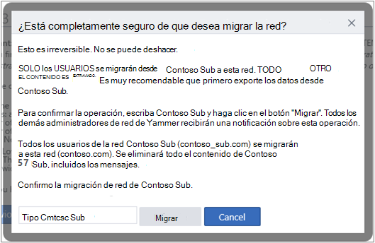 Captura de pantalla del cuadro de diálogo para confirmar que desea migrar una red Viva Engage.