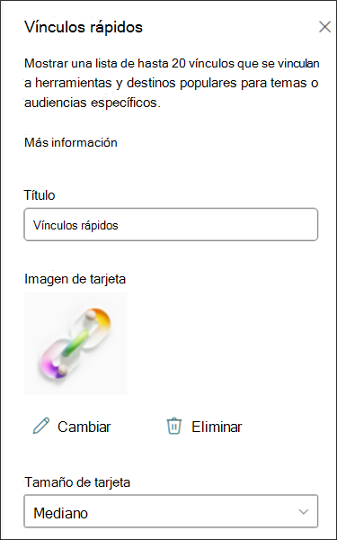 Captura de pantalla del panel Propiedades de vínculos rápidos que muestra las opciones de personalización de tarjetas.