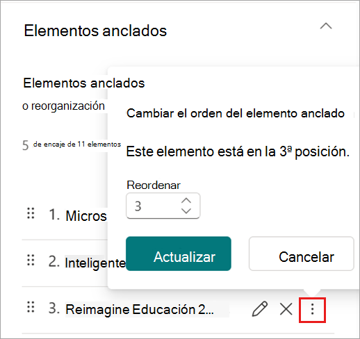 Captura de pantalla del panel de propiedades de elementos anclados con el icono reordenar resaltado y el campo de número mostrado.