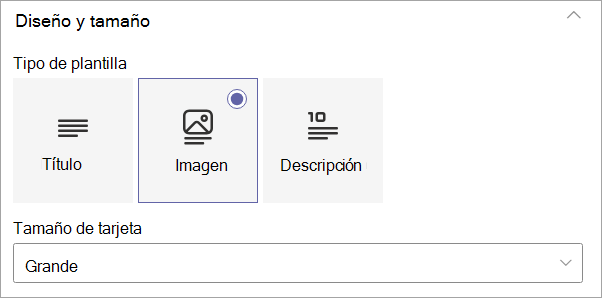 Captura de pantalla que muestra las opciones de la categoría diseño y tamaño en el panel de propiedades.