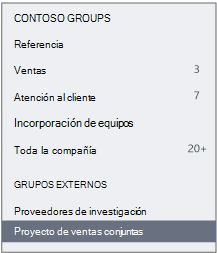 Captura de pantalla de la barra de navegación de Viva Engage en la que se muestra una sección Grupos externos.