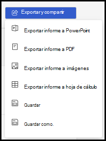 Captura de pantalla de las opciones de exportación y uso compartido.