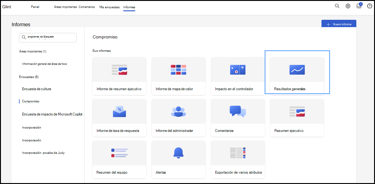 Captura de pantalla del informe de resultados generales en la pestaña Informes.