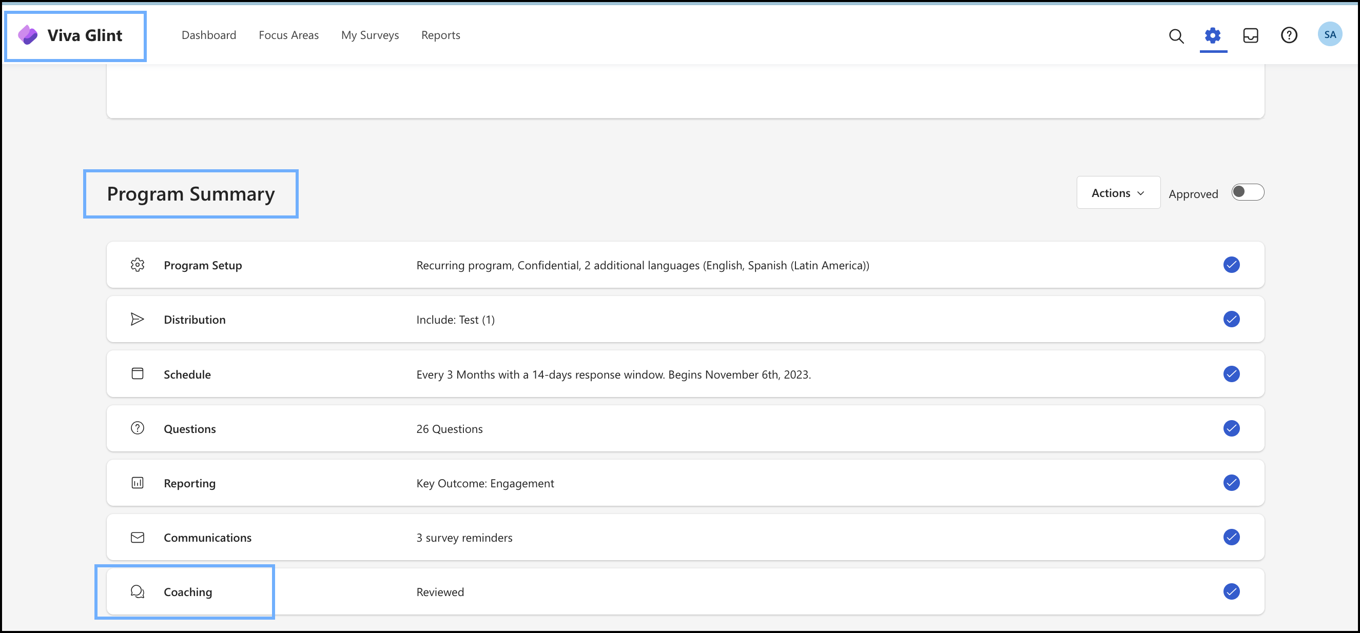 Captura de pantalla del acceso de configuración de Coaching en Resumen del programa.