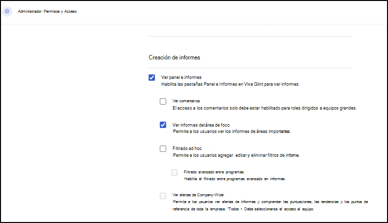 Captura de pantalla de dónde conceder permisos para los roles para ver los informes del área de enfoque.