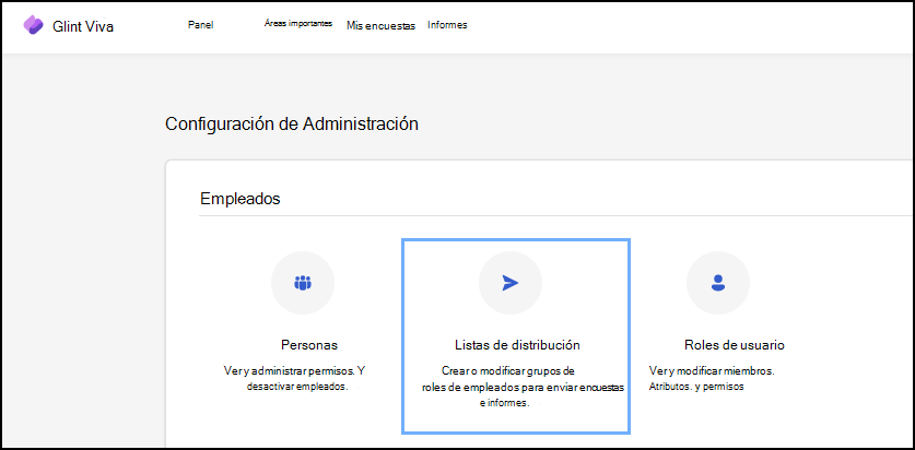 Captura de pantalla de dónde acceder a la configuración de la lista de distribución desde el panel de administración de Viva Glint.