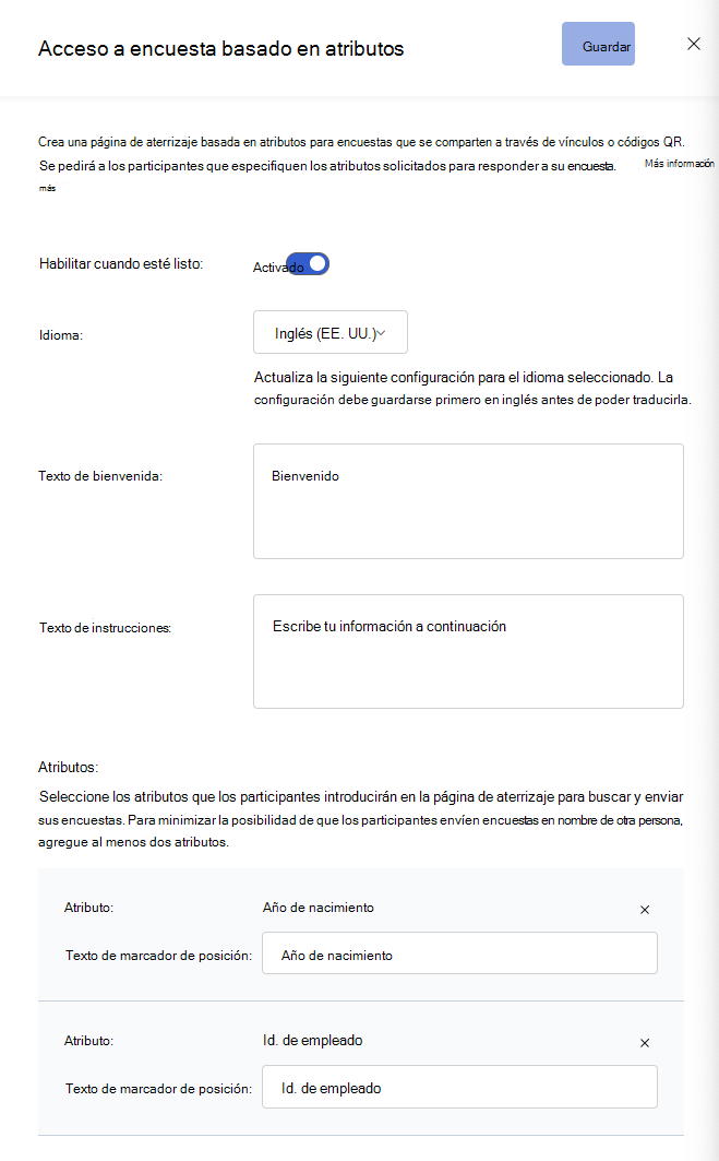 Captura de pantalla del panel de configuración de acceso a la encuesta basada en atributos en Configuración general.