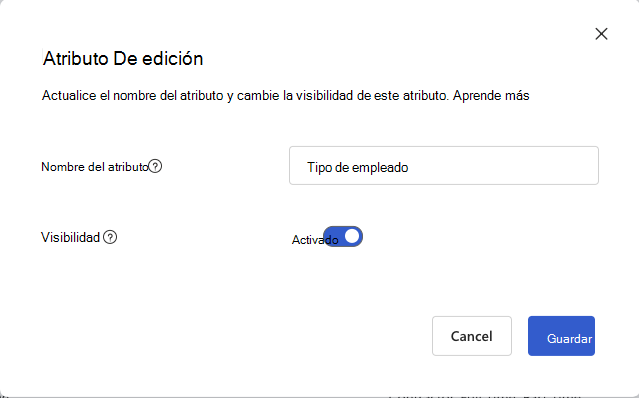 Captura de pantalla del cuadro de diálogo Editar atributo con el botón de alternancia Visibilidad activado.