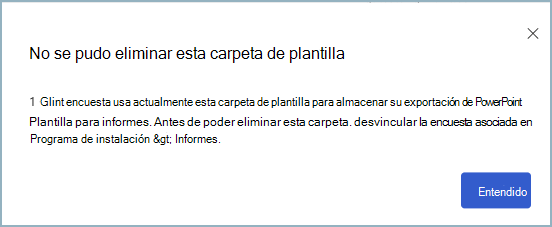 Captura de pantalla del cuadro de diálogo que alerta de que no se puede eliminar la carpeta.