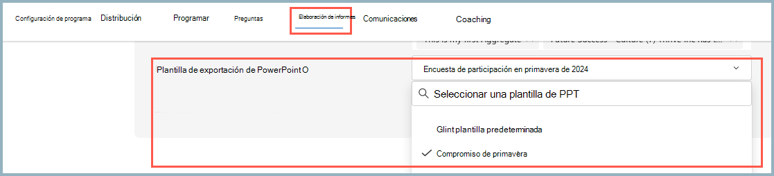 Captura de pantalla del menú desplegable Plantilla de exportación de PowerPoint en la pestaña Informes.