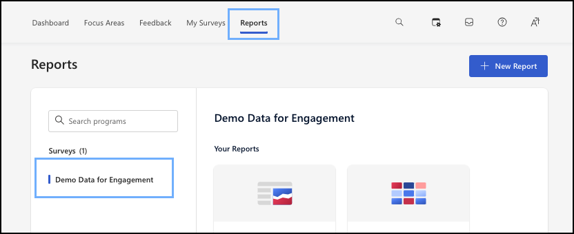 Captura de pantalla de la pestaña *Informes* y Datos de demostración de Engagement.