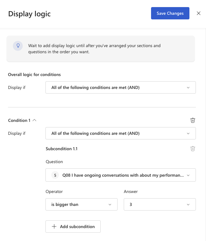 Captura de pantalla del panel de configuración lógica para coaching y comentarios sobre trabajos.