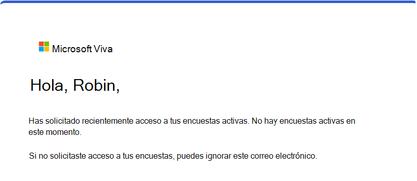 Captura de pantalla del correo electrónico que recibe un usuario cuando usa el vínculo para volver a enviar invitaciones a encuestas, pero no tiene encuestas activas.