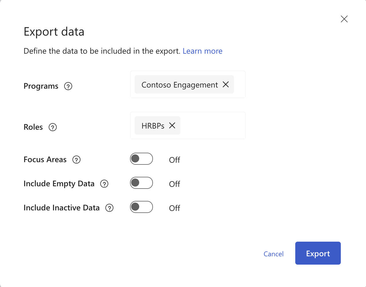 Captura de pantalla del cuadro de diálogo Exportar datos con selecciones de programa, rol y datos.