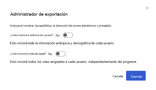 Captura de pantalla del cuadro de diálogo Exportar rol para el rol Administrador.