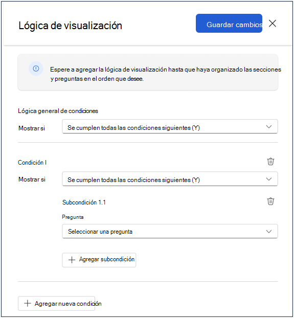 Captura de pantalla del panel de configuración lógica para mostrar.