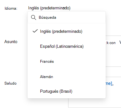 Captura de pantalla de la lista desplegable Idioma en el panel de edición de correo electrónico.