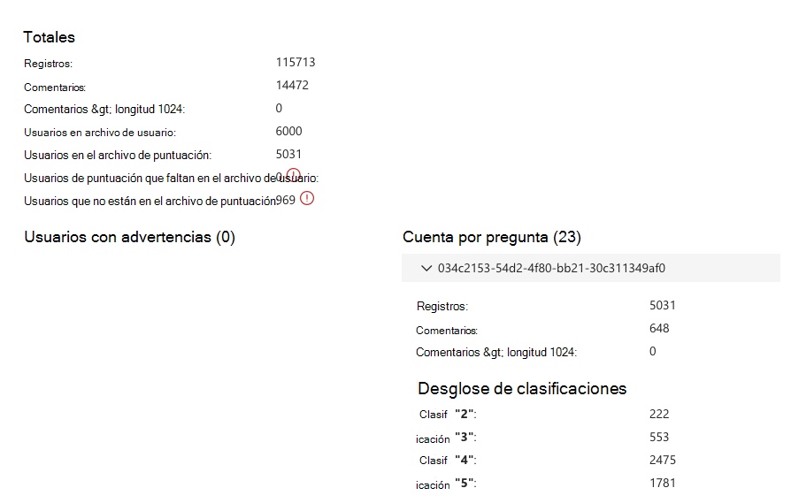 Captura de pantalla de la vista previa de importación con advertencias y recuentos.