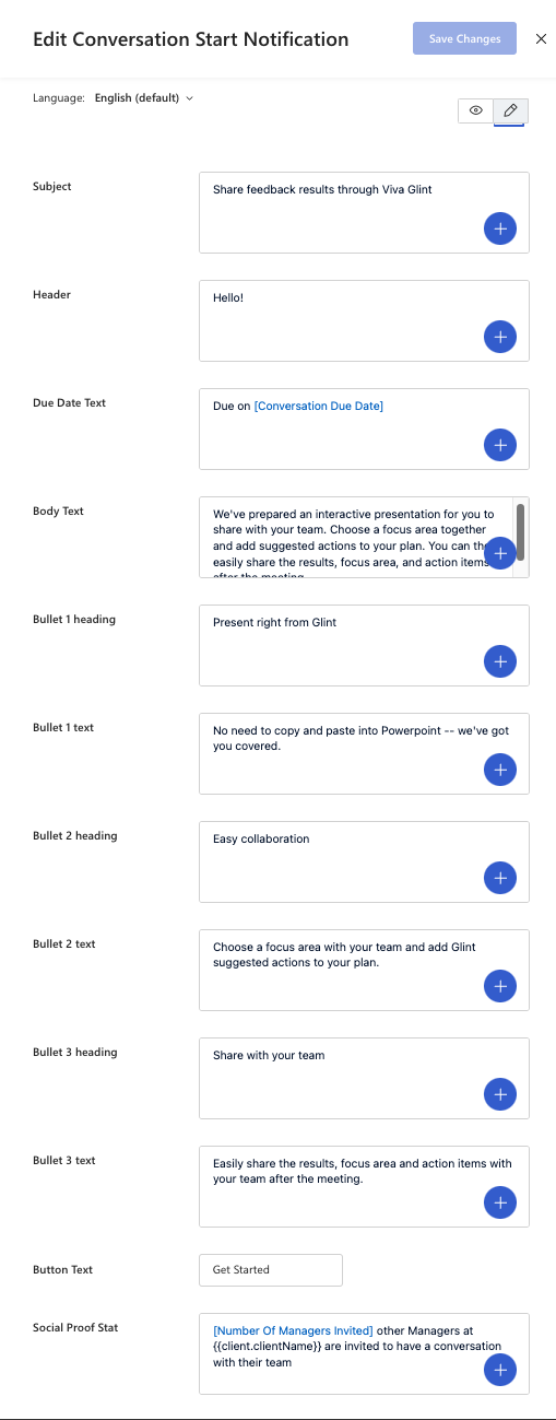 Captura de pantalla de las secciones de correo electrónico de inicio de conversaciones de equipo modificables en Viva Glint.