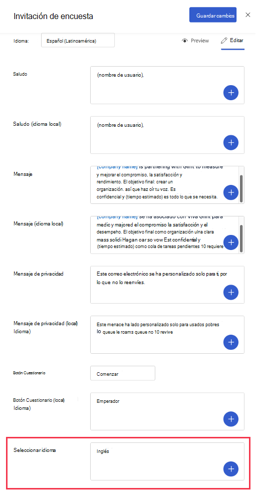 Captura de pantalla de un panel de configuración de correo electrónico con el inglés rellenado en el campo Seleccionar idioma.