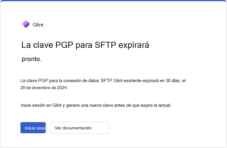 Captura de pantalla del correo electrónico de expiración de la clave PGP que Glint envía 30 días antes de la fecha de expiración.