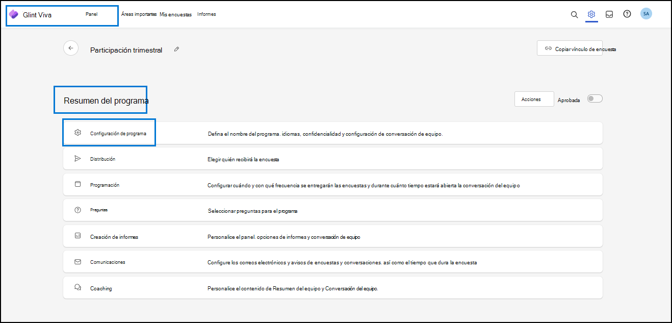 Captura de pantalla que muestra la página Programa de instalación para la configuración dentro del Resumen del programa.