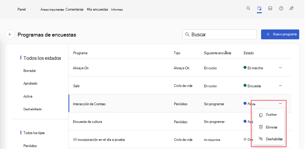 Captura de pantalla de la página Programas de encuesta de Glint que muestra las opciones de menú Duplicar, Eliminar y Deshabilitar de una encuesta seleccionada.