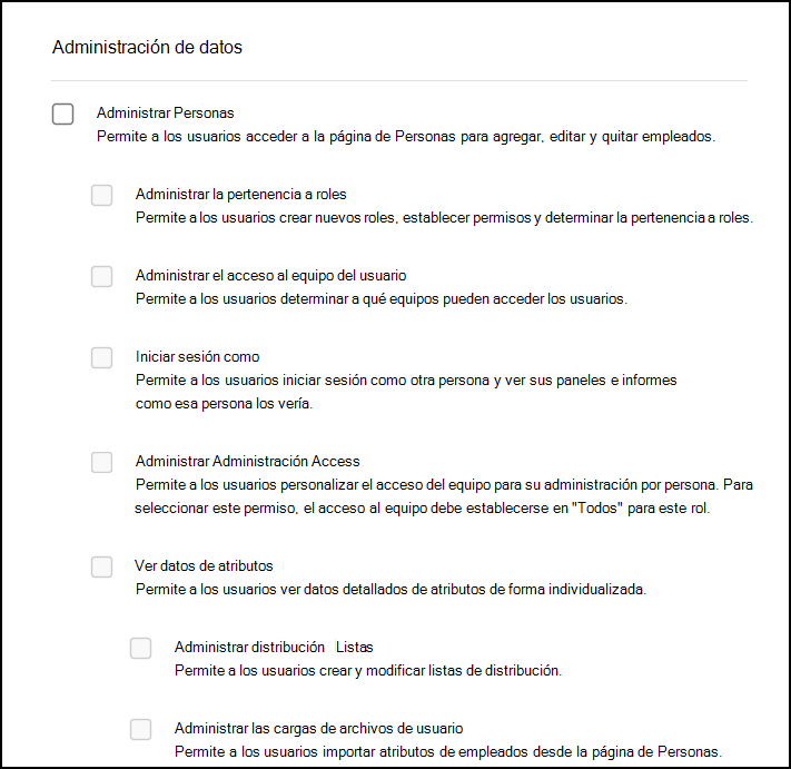 Captura de pantalla de la sección Administración de datos en Permisos y acceso.