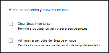 Captura de pantalla de la sección Áreas de enfoque y conversaciones en Permisos y acceso.