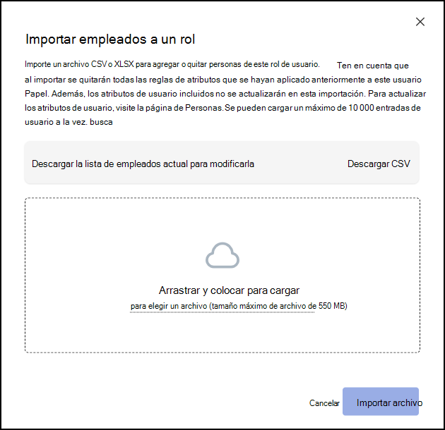 Captura de pantalla del cuadro de diálogo Importar empleados al rol en Configuración de roles.