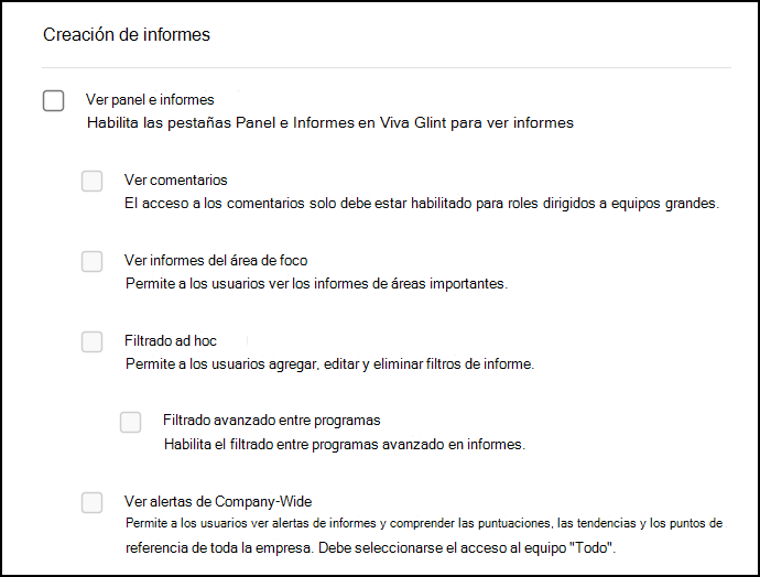 Captura de pantalla de la sección Informes en Permisos y acceso.