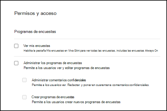 Captura de pantalla de la sección Acceso a programas de encuesta en Permisos y acceso.