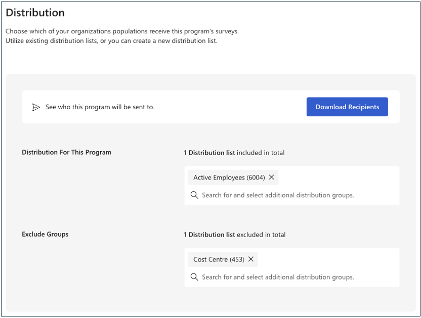 Captura de pantalla de una configuración de distribución de encuestas con grupos de empleados incluidos y excluidos.