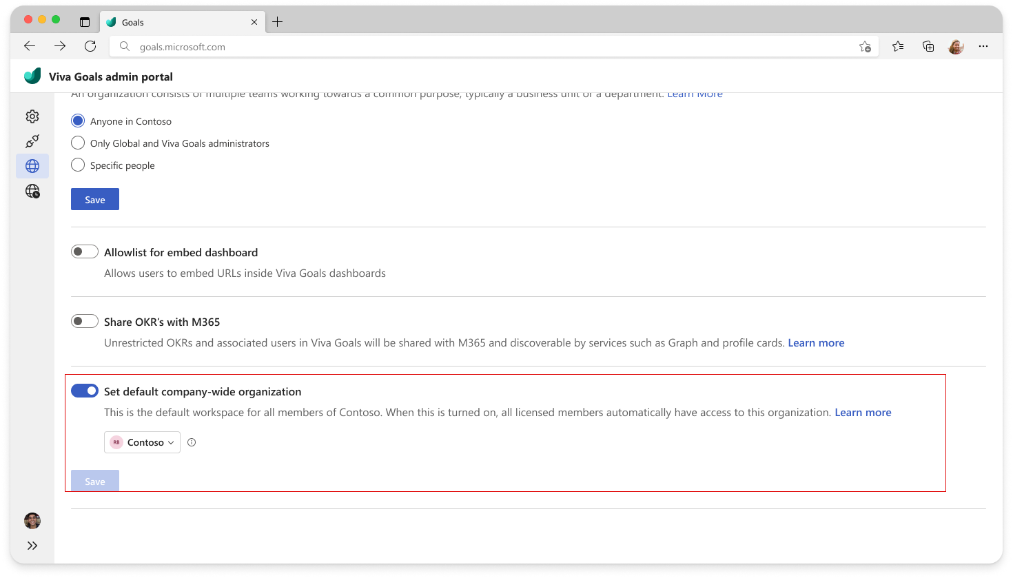 Captura de pantalla que muestra la configuración para designar una organización predeterminada para toda la empresa en el portal de administración de Viva Goals.