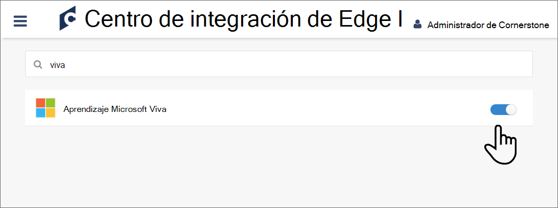 Captura de pantalla del botón de alternancia de integración de Viva Learning en la posición activa.