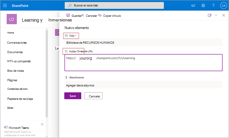 Nuevo panel de elementos en SharePoint que muestra los campos Título y Dirección URL de carpeta.