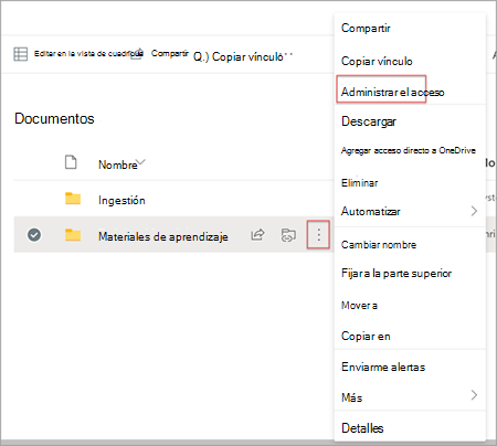 Página de la biblioteca de documentos en SharePoint que muestra la opción Mostrar acciones con Administrar acceso resaltado.