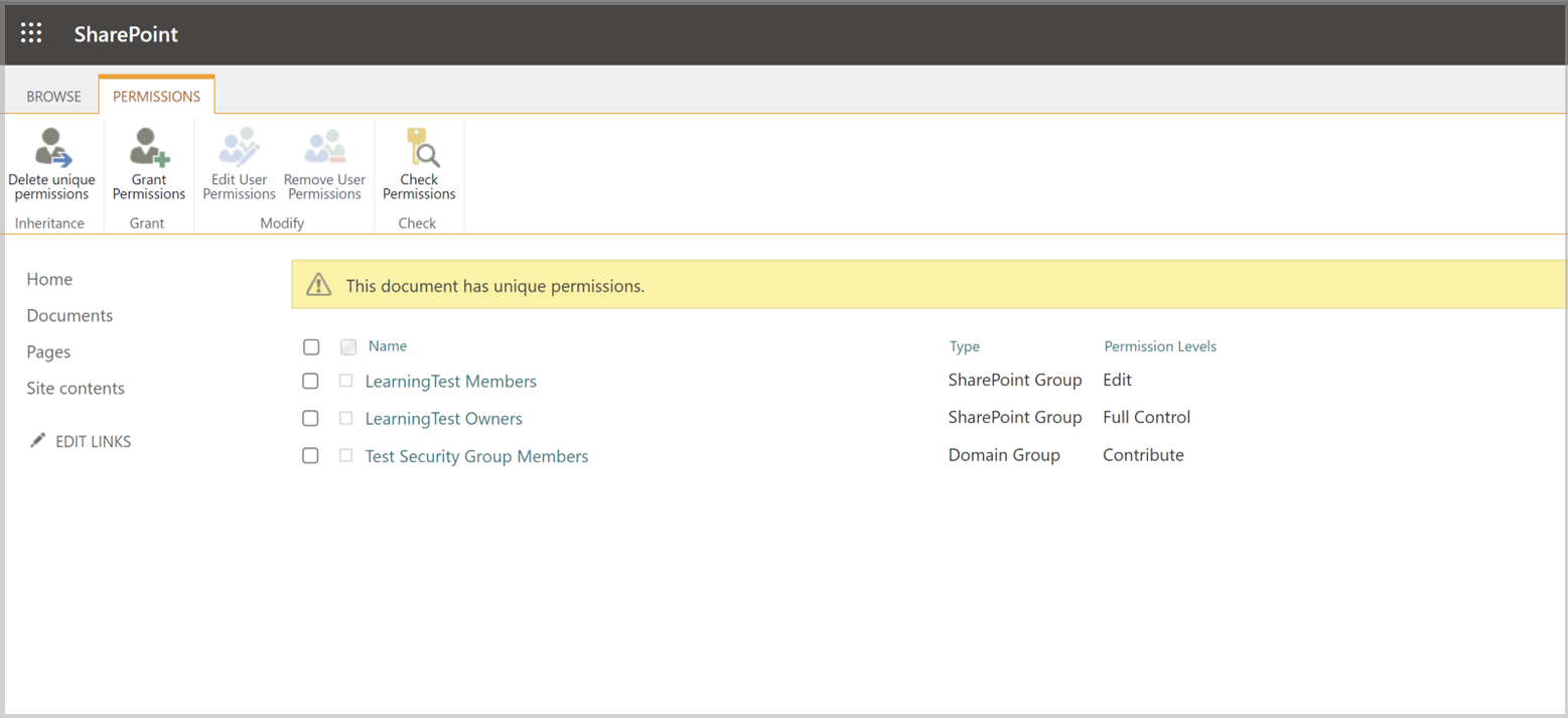 Imagen de la página de permisos de SharePoint que muestra 