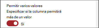 Captura de pantalla del botón de alternancia para permitir varios valores
