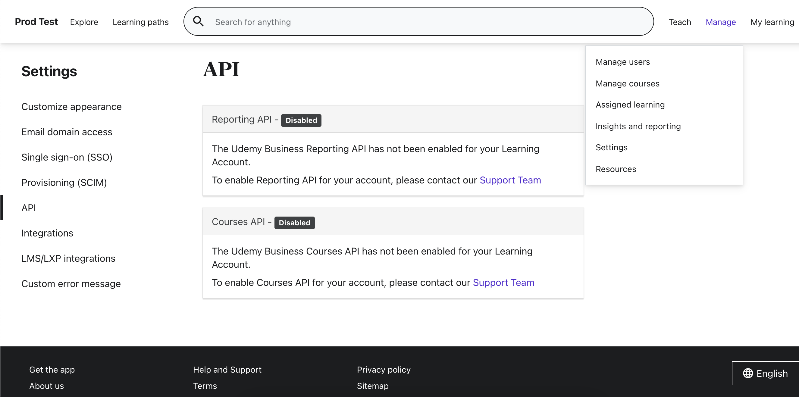 Imagen de la página de configuración de la API.