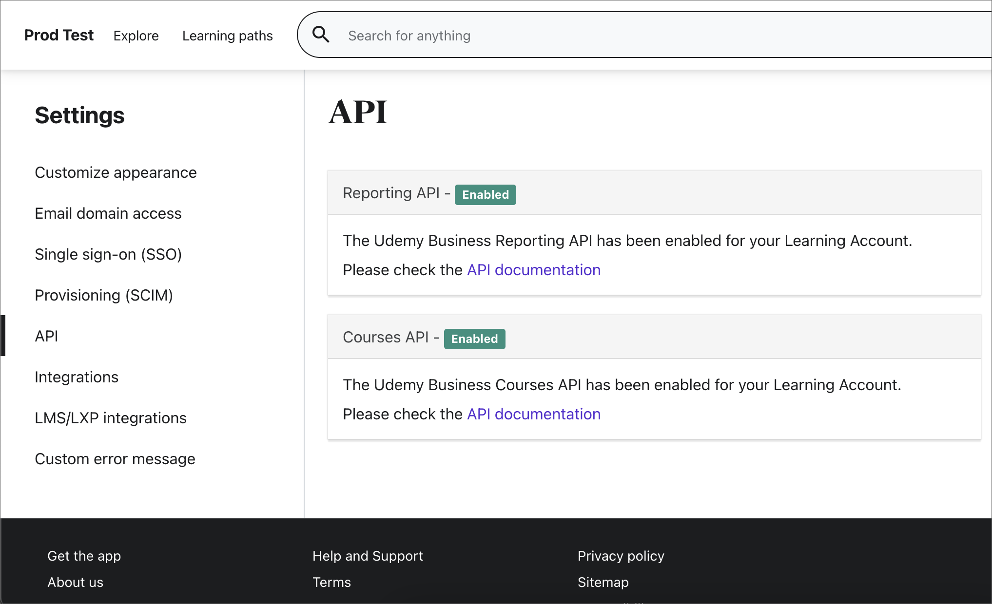 Imagen de la configuración de api con API que se muestra como habilitada.