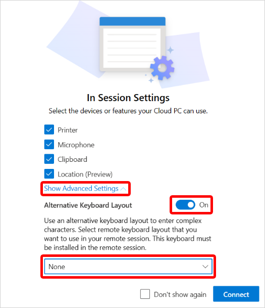 Captura de pantalla de la ventana Configuración de sesiones Diseño alternativo del teclado.